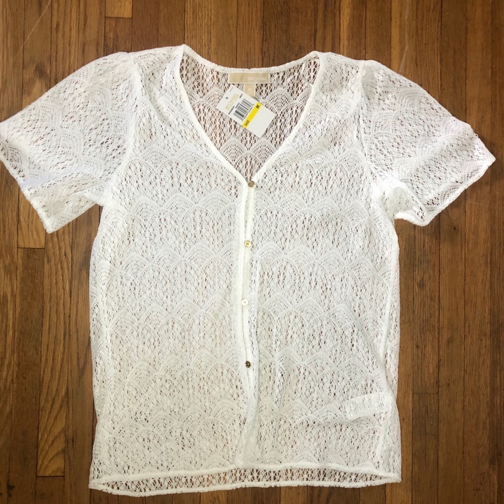 MICHAEL KORS LASER CUT DETAIL WHITE BLOUSE